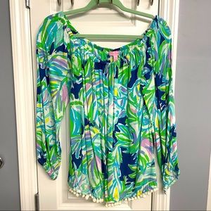 Lilly Pulitzer Pompom bottom trim off the shoulder top - size large
